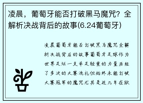 凌晨，葡萄牙能否打破黑马魔咒？全解析决战背后的故事(6.24葡萄牙)