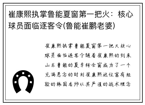 崔康熙执掌鲁能夏窗第一把火：核心球员面临逐客令(鲁能崔鹏老婆)