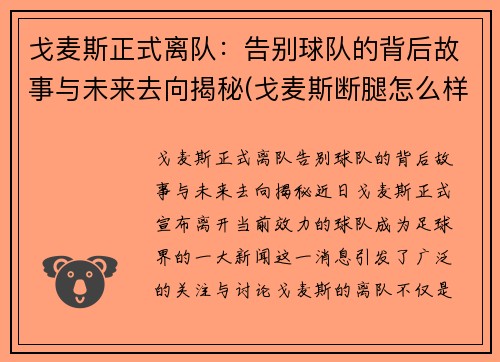 戈麦斯正式离队：告别球队的背后故事与未来去向揭秘(戈麦斯断腿怎么样了)