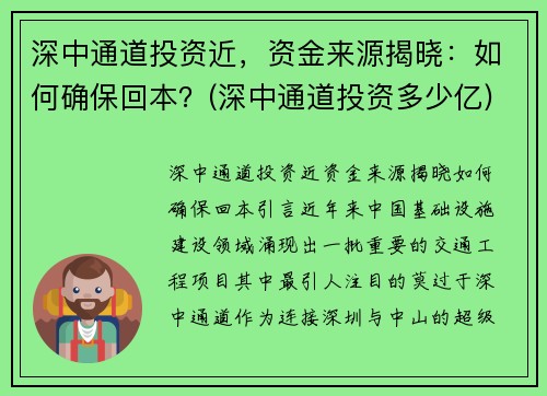 深中通道投资近，资金来源揭晓：如何确保回本？(深中通道投资多少亿)