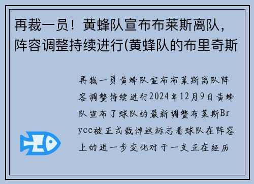 再裁一员！黄蜂队宣布布莱斯离队，阵容调整持续进行(黄蜂队的布里奇斯)