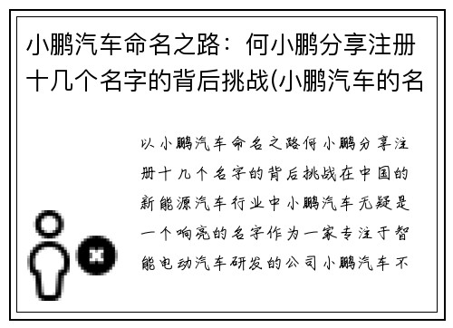 小鹏汽车命名之路：何小鹏分享注册十几个名字的背后挑战(小鹏汽车的名字怎么取得)