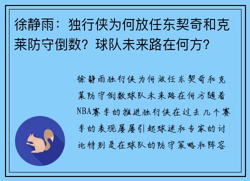 徐静雨：独行侠为何放任东契奇和克莱防守倒数？球队未来路在何方？